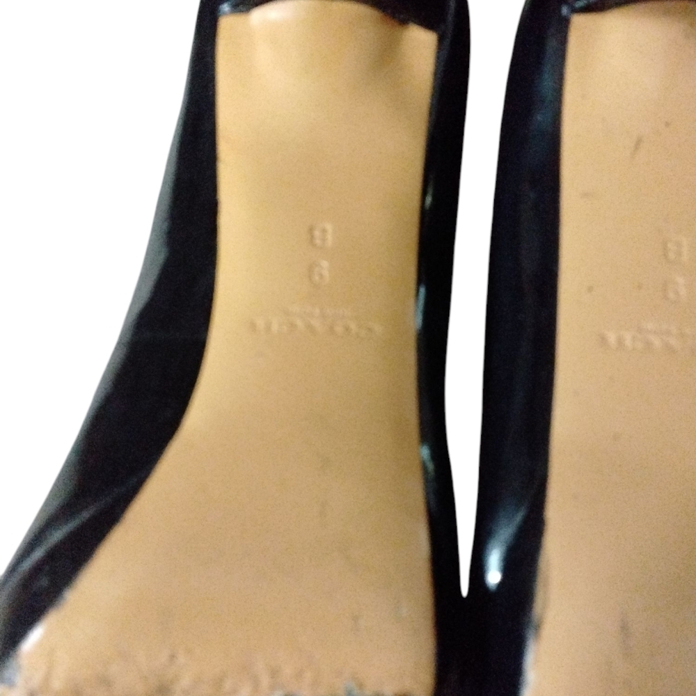 Coach Scarlet Black Patent Leather Peep Toe Bow Heel Pumps Women’s Size 9 B - Picture 10 of 14